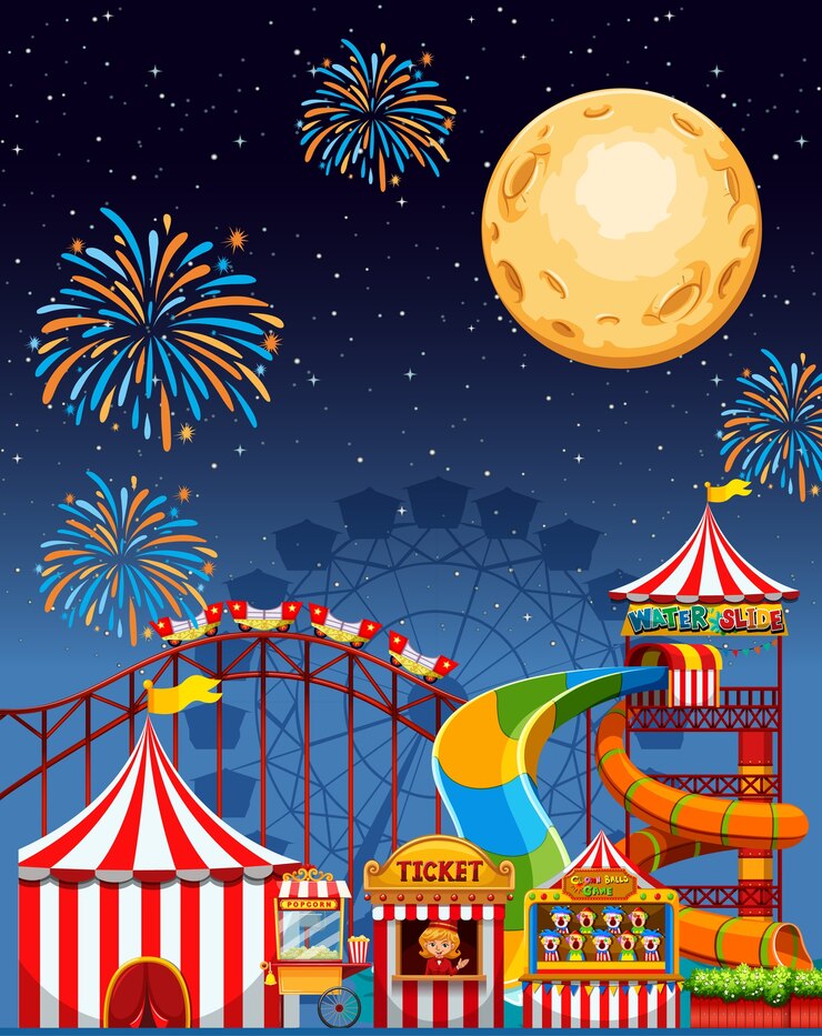 Vecteur gratuit scène de parc d'attractions la nuit avec feu d'artifice et lune