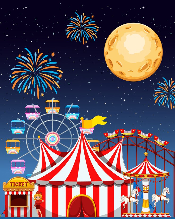 Vecteur gratuit scène de parc d'attractions la nuit avec feux d'artifice et lune dans le ciel