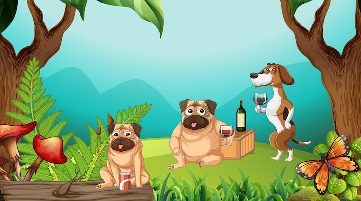 Vecteur gratuit scène de parc en plein air avec de nombreux chiens et chameaux