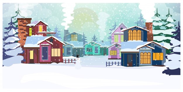 Scène de pays avec illustration de chalets et sapins
