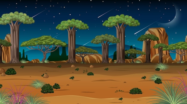 Vecteur gratuit scène de paysage de forêt de savane africaine la nuit