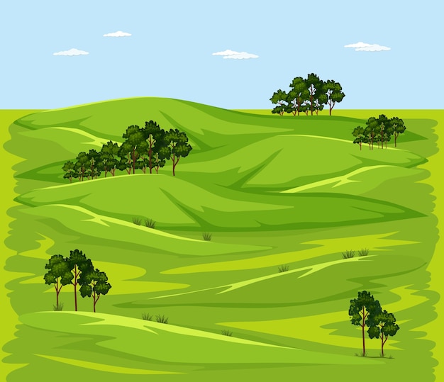 Vecteur gratuit scène de paysage nature prairie verte vierge