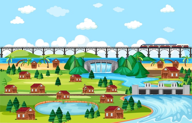 Vecteur gratuit scène de paysage de train ville ou ville et pont en style cartoon