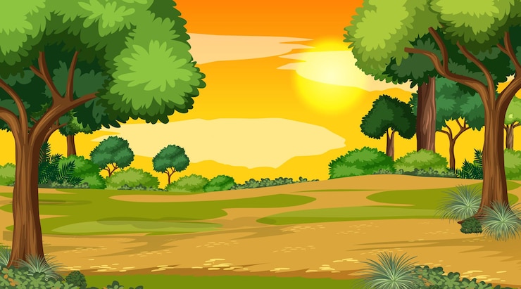 Vecteur gratuit scène de paysage vierge du parc naturel au coucher du soleil