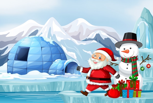 Scène avec le père Noël et bonhomme de neige à Noël