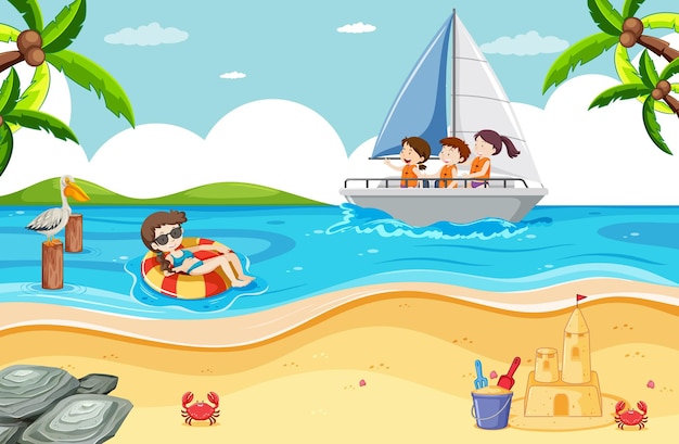 Vecteur gratuit scène de plage avec des enfants sur un voilier