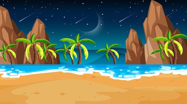 Vecteur gratuit scène de plage tropicale avec de nombreux palmiers la nuit