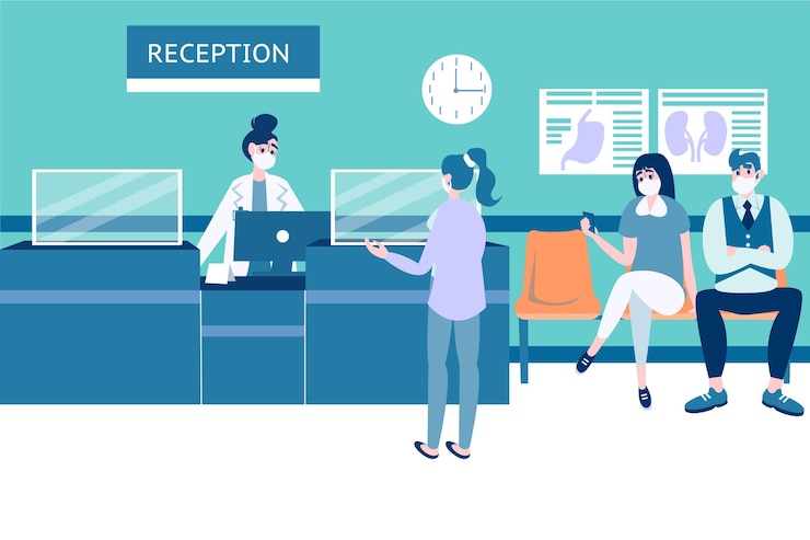 Vecteur gratuit scène de réception à l'hôpital dessiné à la main avec des personnes portant des masques faciaux