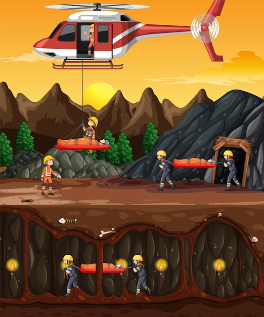 Vecteur gratuit scène souterraine avec sauvetage pompier en style cartoon