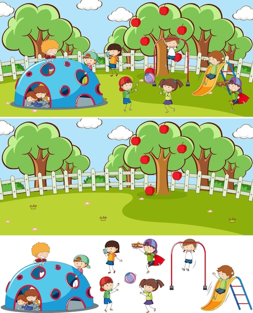 Vecteur gratuit scène de terrain de jeu avec de nombreux enfants personnage de dessin animé doodle isolé