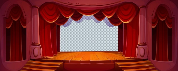 Vecteur gratuit scène de théâtre avec plancher en bois de rideaux rouges