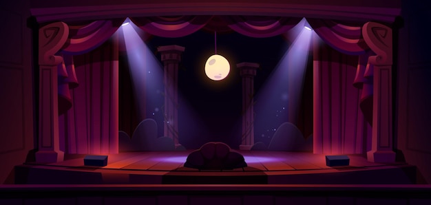 Une scène de théâtre avec des rideaux rouges met en lumière la lune