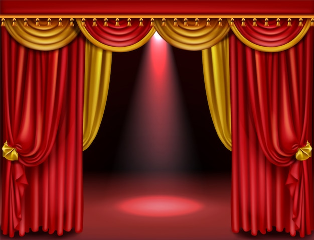 Scène de théâtre avec des rideaux rouges et or