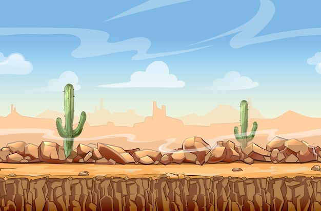 Vecteur gratuit scène transparente de dessin animé de paysage désertique du far west pour le jeu. cactus et nature, illustration vectorielle interface
