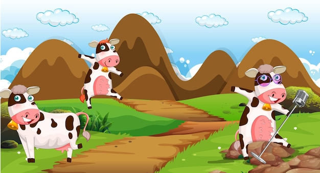 Vecteur gratuit scène avec des vaches dans le parc