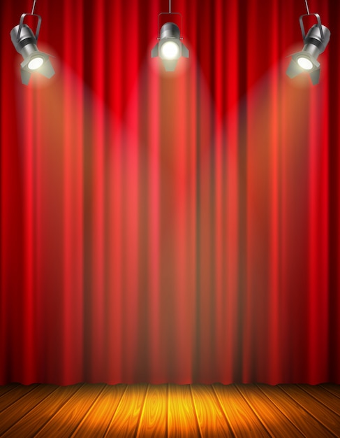 Scène vide éclairée avec rideau rouge de matériau brillant plancher en bois suspendu illustration vectorielle de projecteur