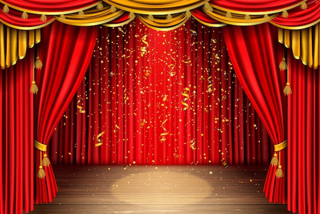 Scène vide avec rideau rouge et confettis tombant