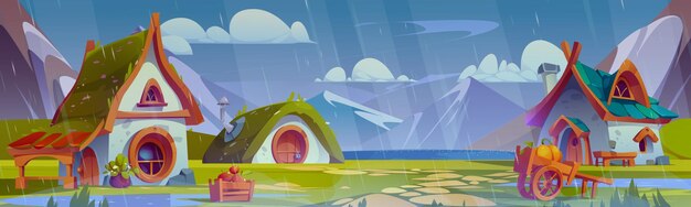 Vecteur gratuit scène de village de pluie avec une jolie maison naine fantastique