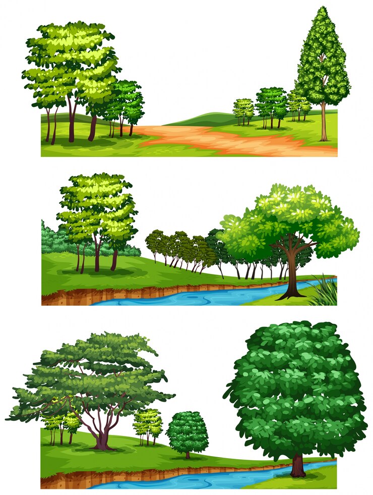 Vecteur gratuit scènes de la nature avec des arbres et des rivières
