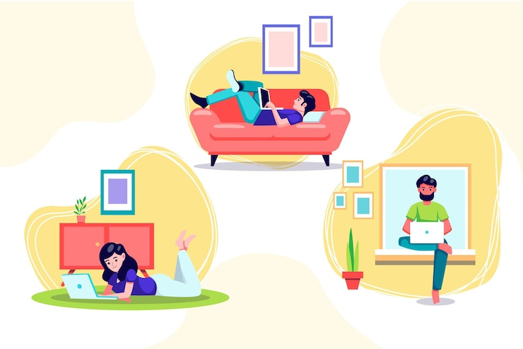 Vecteur gratuit scènes de travail à distance dessinées à plat