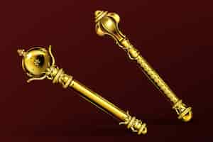 Vecteur gratuit sceptres royaux en or, baguettes de roi et de reine. ensemble réaliste de vecteur de l'ancienne verge d'or, symbole de la royauté de la monarchie et du pouvoir impérial. sceptre de bijoux médiéval, insigne de couronnement