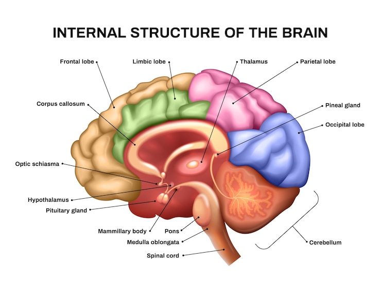Vecteur gratuit schéma d'anatomie cérébrale réaliste avec illustration vectorielle de structure interne
