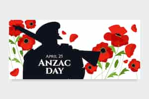 Vecteur gratuit schéma de bannière horizontale dessinée à la main du jour d'anzac avec la silhouette d'un soldat