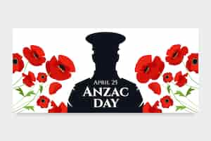 Vecteur gratuit schéma de bannière horizontale dessinée à la main du jour d'anzac avec la silhouette d'un soldat