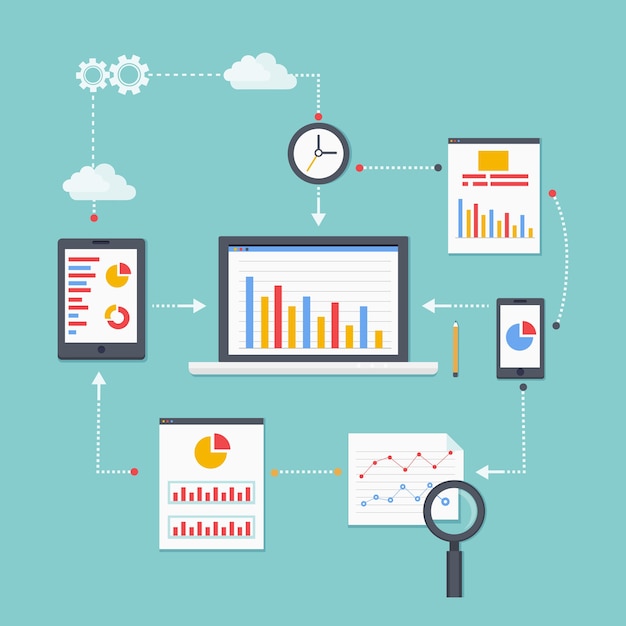 Schéma De Vecteur Plat D'informations, De Développement Et De Statistiques Sur L'analyse Web. Illustration Vectorielle