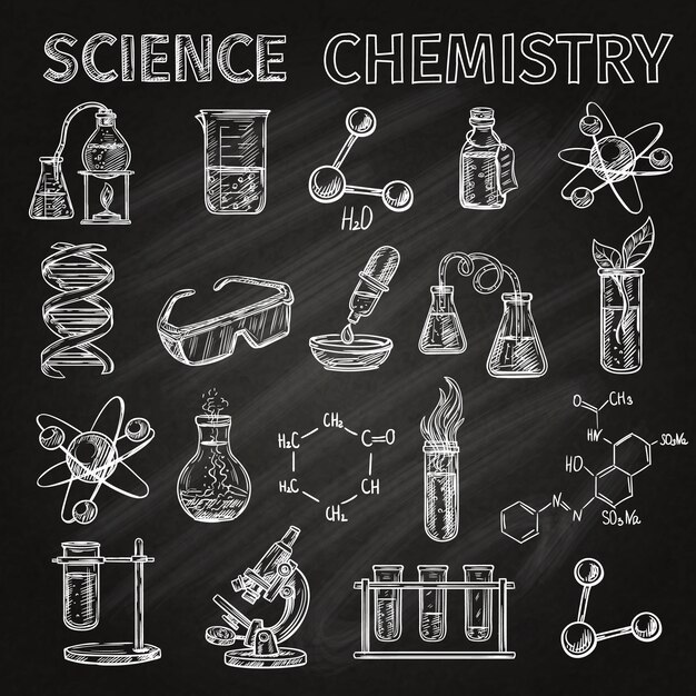 Science et chimie croquis icônes tableau noir avec des combinaisons d&#39;éléments