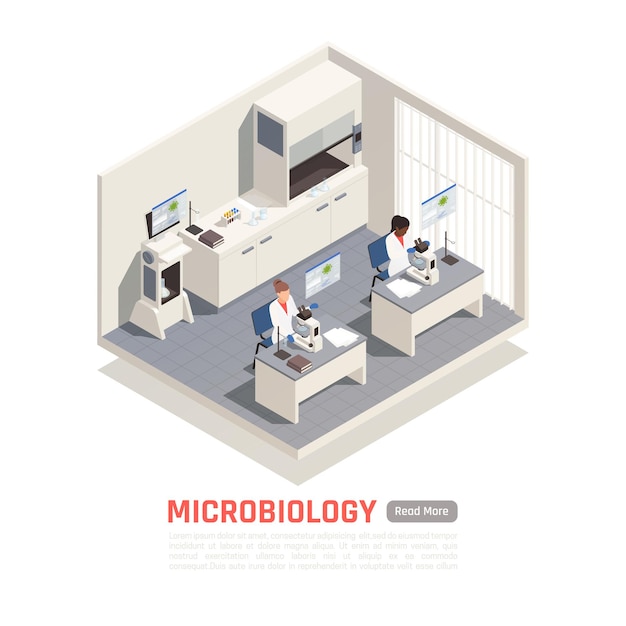 Scientifiques en biotechnologie travaillant avec des microscopes en laboratoire illustration isométrique 3d