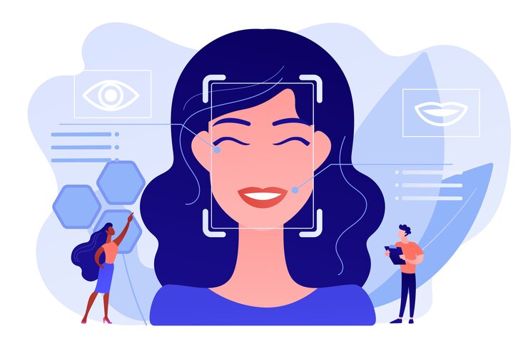 Vecteur gratuit les scientifiques de minuscules personnes identifient les émotions des femmes à partir de la voix et du visage. détection des émotions, reconnaissance de l'état émotionnel, concept de technologie de capteur emo