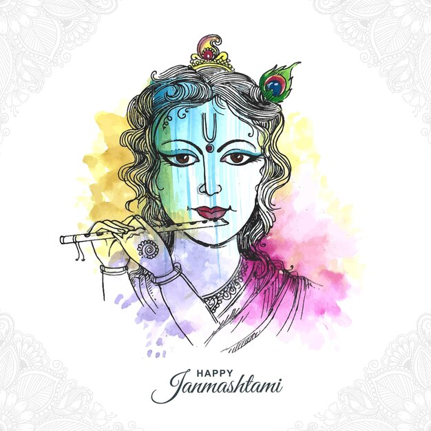 Seigneur Krishna jouant au bansuri joyeux janmashtami fond artistique de vacances