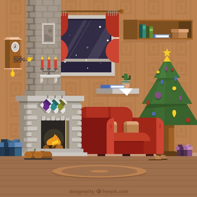 Séjour avec décoration de Noël et cheminée