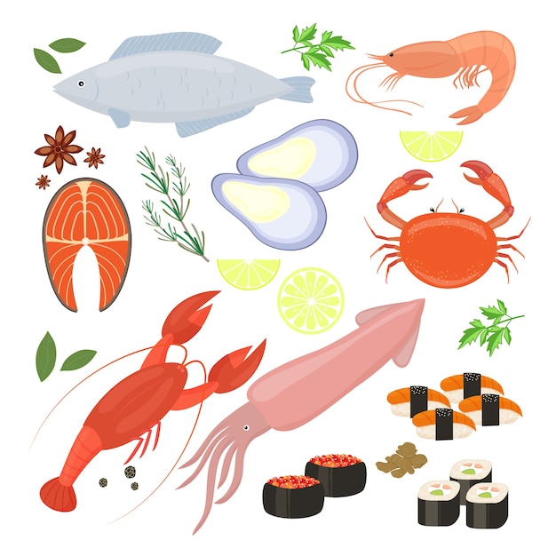 Vecteur gratuit sélection d'icônes de crevettes et de sushis de fruits de mer vectoriels colorés, y compris les calamars de seiche poisson homard crabe sushi rouleaux de sushi crevettes crevettes moules steak de saumon épices et assaisonnements