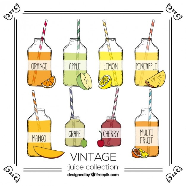 Vecteur gratuit sélection de main, dessiné, de jus de fruits dans le style vintage