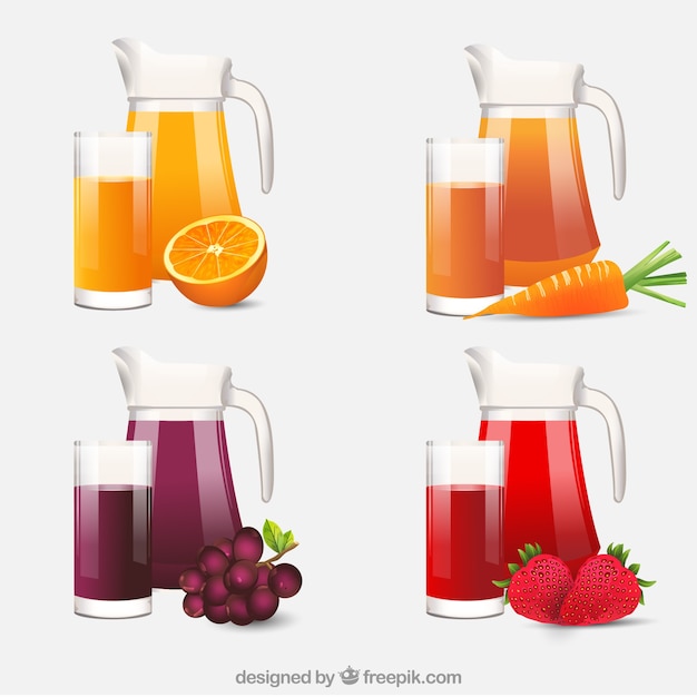 Vecteur gratuit sélection réaliste de pots et de verres aux jus de fruits