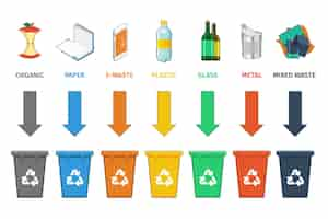 Vecteur gratuit séparation des bacs de recyclage. concept de gestion des déchets. ordures et déchets, ordures de concept de signe, conteneur et canette.