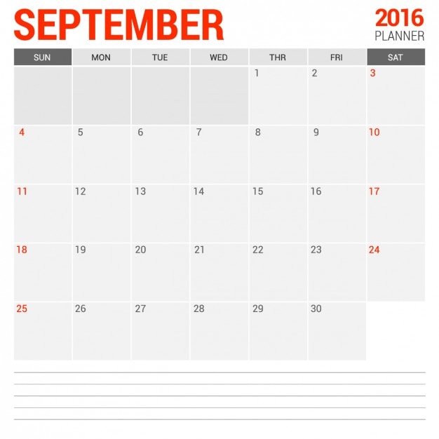 Vecteur gratuit septembre 2016 calendrier mensuel