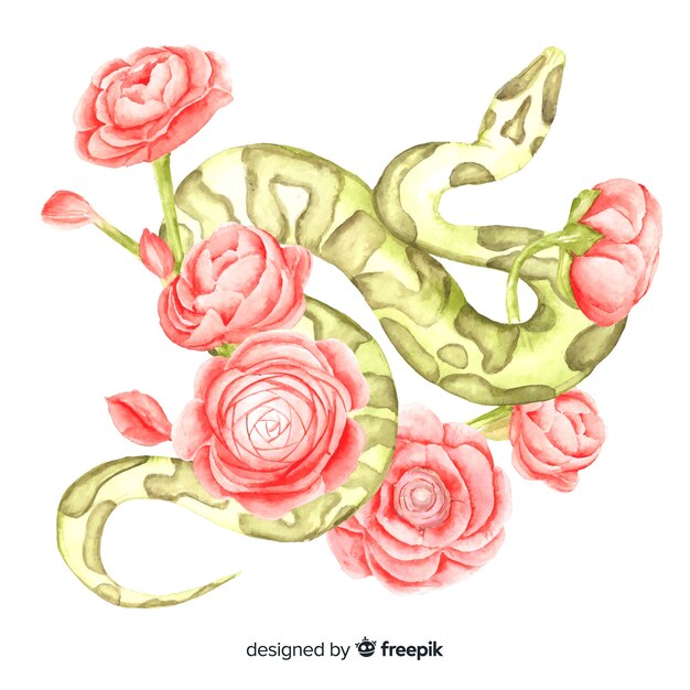 Serpent aquarelle avec fond de fleurs