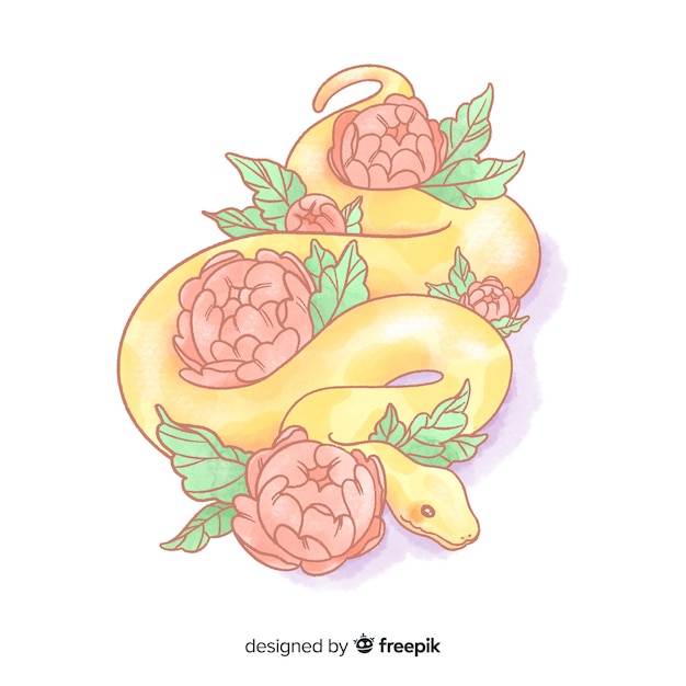 Vecteur gratuit serpent aquarelle avec fond de fleurs