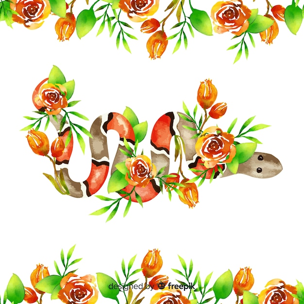 Serpent Aquarelle Avec Illustration De Fleurs