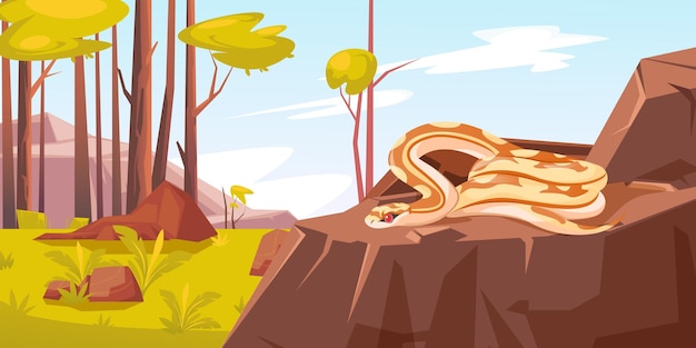 Serpent en forêt, python aux yeux rouges et corps beige avec des taches brunes allongé sur la pierre se relaxant à une journée ensoleillée en bois avec des arbres verts. Mode de vie d'été de reptiles sauvages, illustration de vecteur de dessin animé