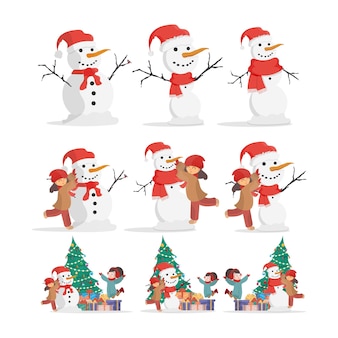 Sertie de bonhommes de neige. les enfants font un bonhomme de neige. pour la conception de cartes, bannières et livres. dessin animé, illustration vectorielle.