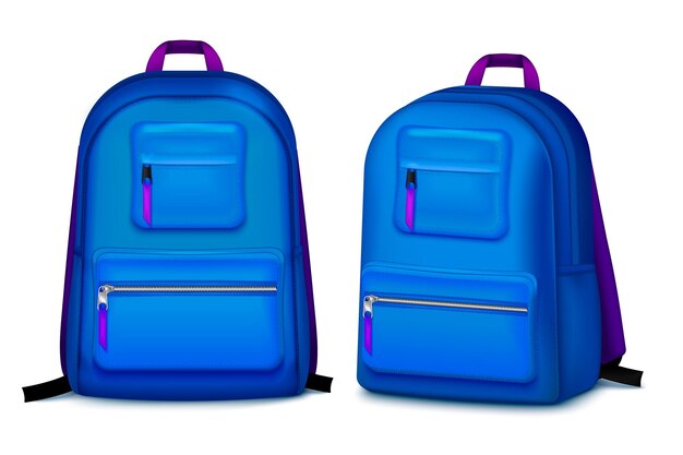 Sertie de deux images réalistes de sac à dos d'école avec des ombres sur fond blanc et illustration vectorielle de sacs de collège bleu