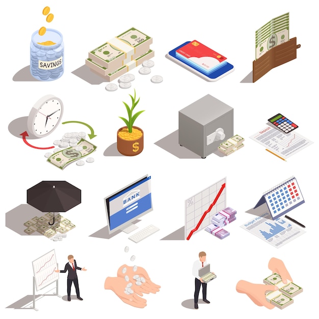 Vecteur gratuit sertie d'icônes isométriques de gestion de patrimoine isolées et d'images d'argent et de personnes sur l'illustration vectorielle de fond blanc