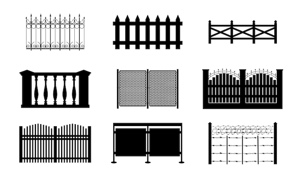 Sertie D'icônes Monochromes Isolées De Segments De Clôture Plats Avec Des Poteaux De Formes Ornées Sur Illustration Vectorielle Fond Blanc