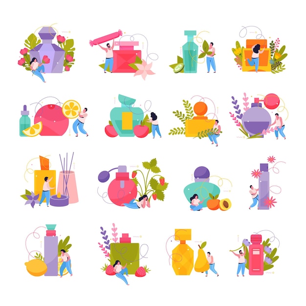 Sertie d'icônes plates de parfum isolé de bocaux colorés et de flacons avec des éléments floraux et illustration vectorielle de personnes