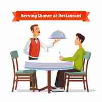 Vecteur gratuit serveur servant un plat en argent avec couvercle à un client