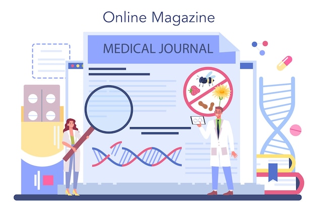 Service ou plate-forme en ligne d'allergologue Maladie allergie symptôme allergologie médicale test de diagnostic et traitement Magazine en ligne Illustration vectorielle plate